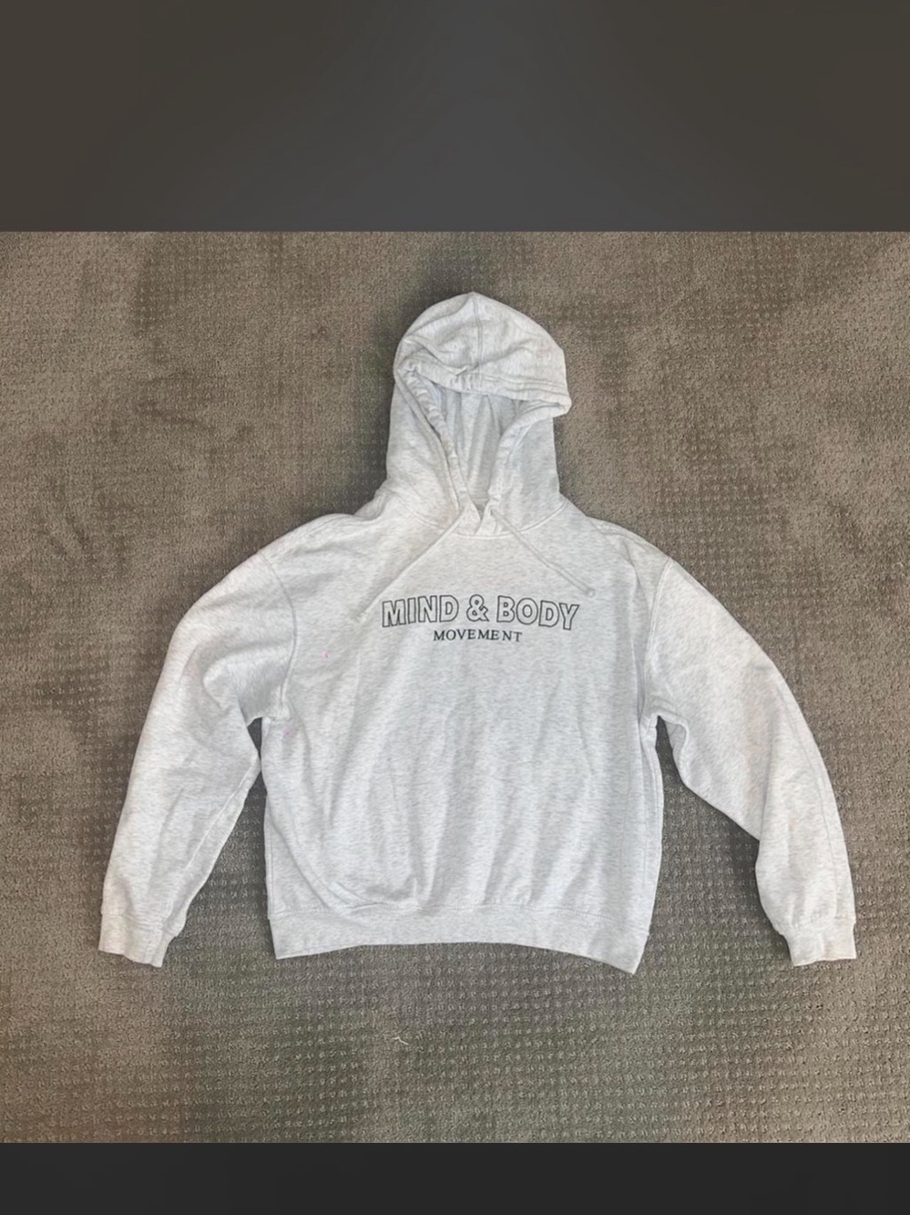 Gray Mind & Body Movement hoodie with black text reading 'MIND & BODY' and 'MOVE